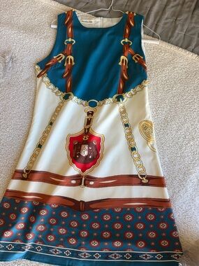 Blue and Cream Kids Costume Dress with Belt and Chain Print